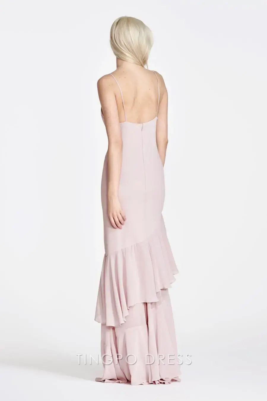 TingPo Wholesale Simple Blush Pink Spaghetti Strap Dress - Square Neck Asymmetric Hem Maxi Gown